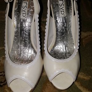 White sling back cork platform shoes